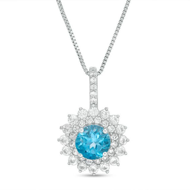 7.0mm Swiss Blue Topaz and Lab-Created White Sapphire Double Shadow Frame Pendant in Sterling Silver