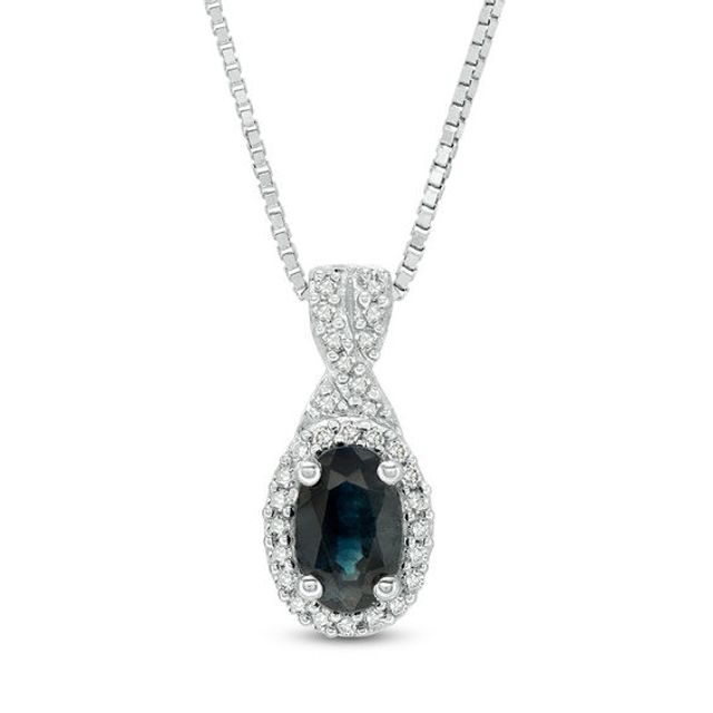 Oval Blue Sapphire and 1/10 CT. T.w. Diamond Frame Twist Drop Pendant in 10K White Gold