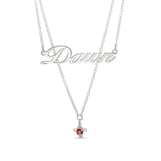 3.0mm Birthstone Cross Charm Script Name Double Strand Necklace (1 Stone and Name)