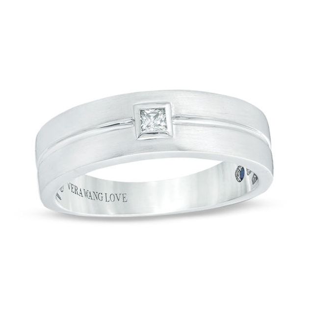 Vera Wang Love Collection Menâs 1/15 CT. Square Diamond Solitaire Center Groove Wedding Band in 14K White Gold