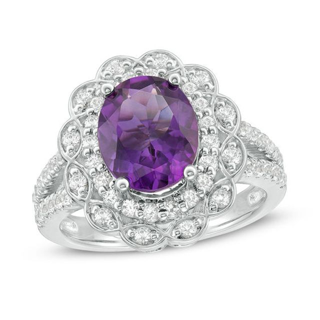 Oval Amethyst and Lab-Created White Sapphire Scallop Frame Split Shank Ring in Sterling Silver