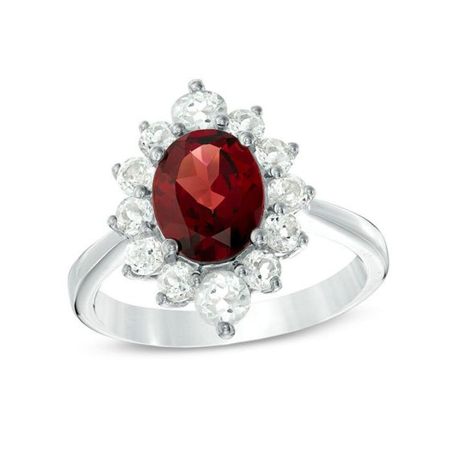 Oval Garnet and White Topaz Frame Ring in Sterling Silver