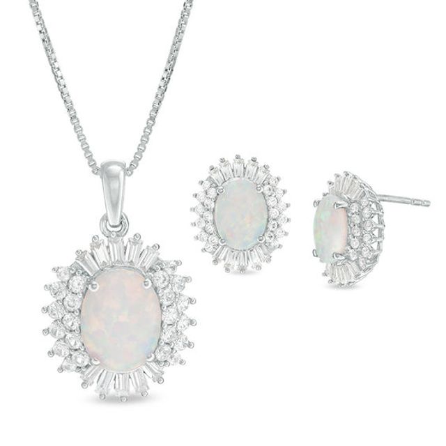 Oval Lab-Created Opal and White Sapphire Starburst Frame Pendant and Stud Earrings Set in Sterling Silver