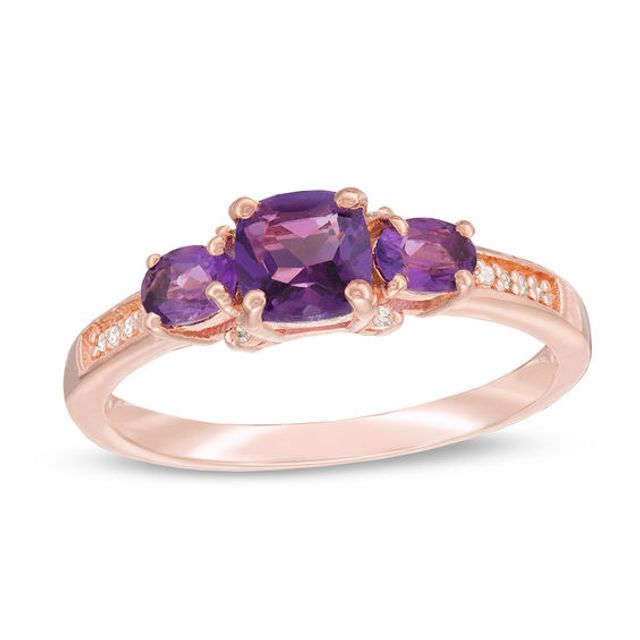 Amethyst and Diamond Accent Three Stone Ring in Sterling Silver with 18K Rose Gold Plate