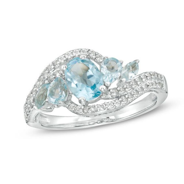 Multi-Shaped Blue and White Topaz Five Stone Bypass Ring in Sterling Silver