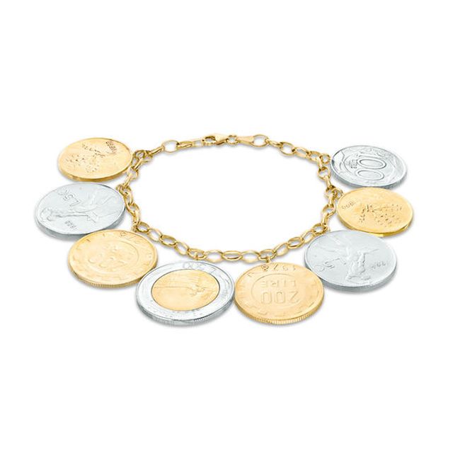 Made in Italy Bronze and Stainless Steel Lire Coins Bracelet in 14K Gold - 7.5"