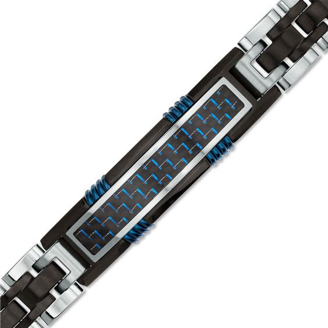 Men's Two-Tone Carbon fiber ID Bracelet in Stainless Steel and Black and Blue IP - 8.5"