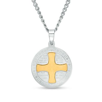 Men's Multi-Finish Lord's Prayer and Cross Framed Medallion Pendant in Stainless Steel and Yellow IP - 24"