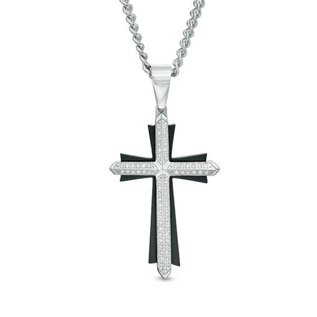 Men's 1/3 CT. T.w. Diamond Double Row Layered Cross Pendant in Stainless Steel and Black IP - 24"