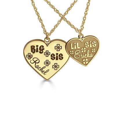 Sister's Engravable and Embossed "Big Sis, Lil Sis" Hearts and Clovers Pendants Set (2 Names)