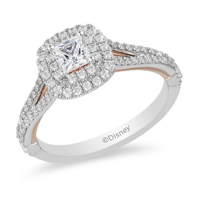 Enchanted Disney Belle 3/4 CT. T.w. Princess-Cut Diamond Double Frame Rose Engagement Ring in 14K Two-Tone Gold