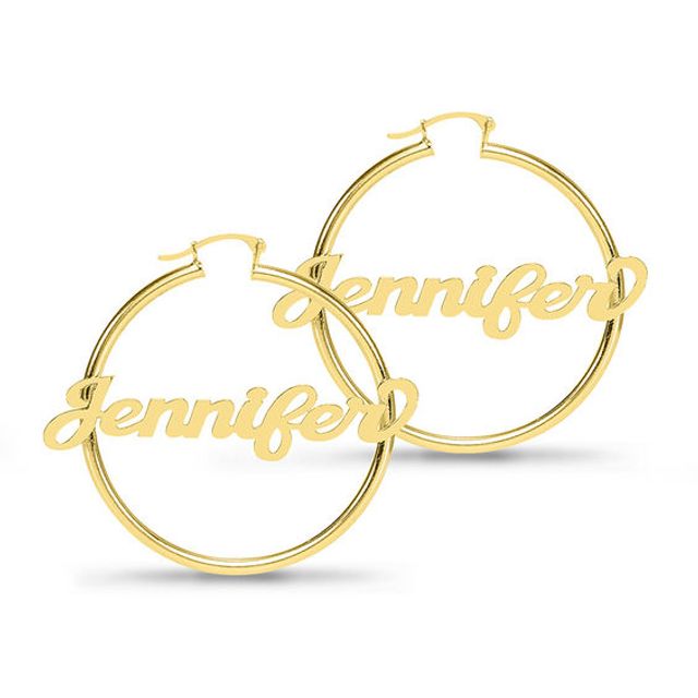 Script Name Tube Hoop Earrings in Sterling Silver with 14K Gold Plate (1 Line)