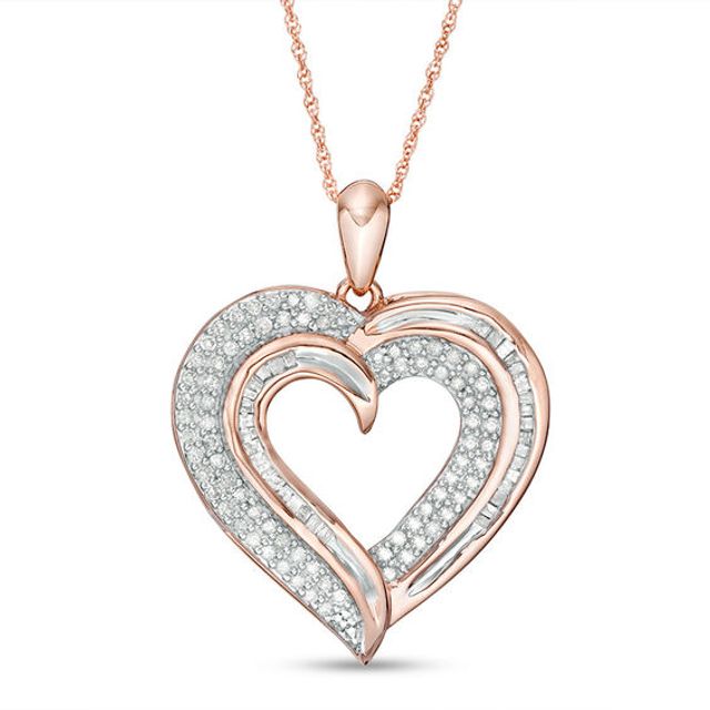 1/2 CT. T.w. Baguette and Round Diamond Heart Pendant in 10K Rose Gold