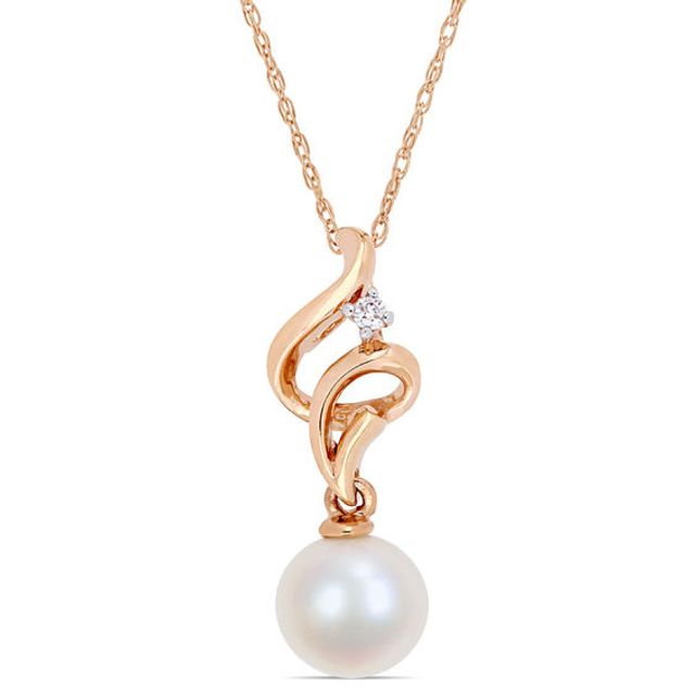 7.0-7.5mm Freshwater Cultured Pearl and Diamond Accent Ribbon Pendant in 10K Rose Gold-17"
