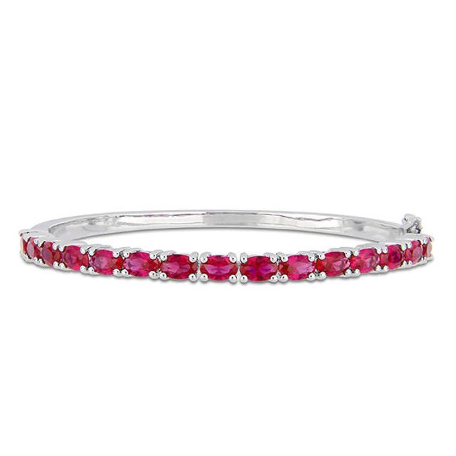 Sideways Oval Lab-Created Ruby Line Bangle in Sterling Silver