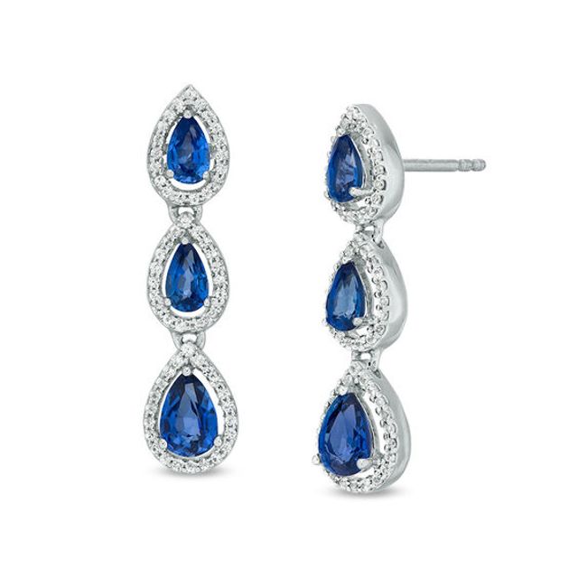 Pear-Shaped Lab-Created Blue and White Sapphire Frame Triple Drop Earrings in Sterling Silver