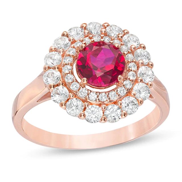 6.0mm Lab-Created Ruby and White Sapphire Double Frame Ring in 10K Rose Gold