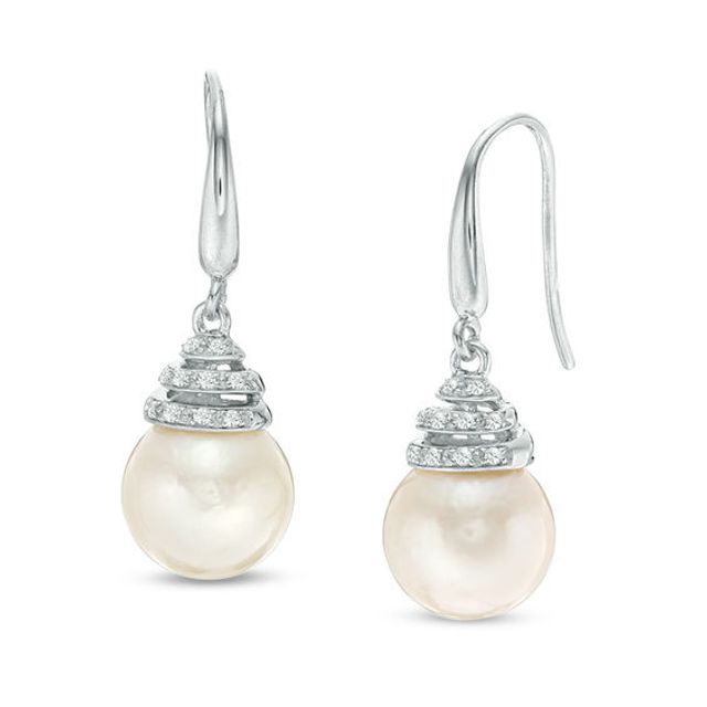 12.0-13.0mm Freshwater Cultured Pearl and Lab-Created White Sapphire Coil Drop Earrings in Sterling Silver