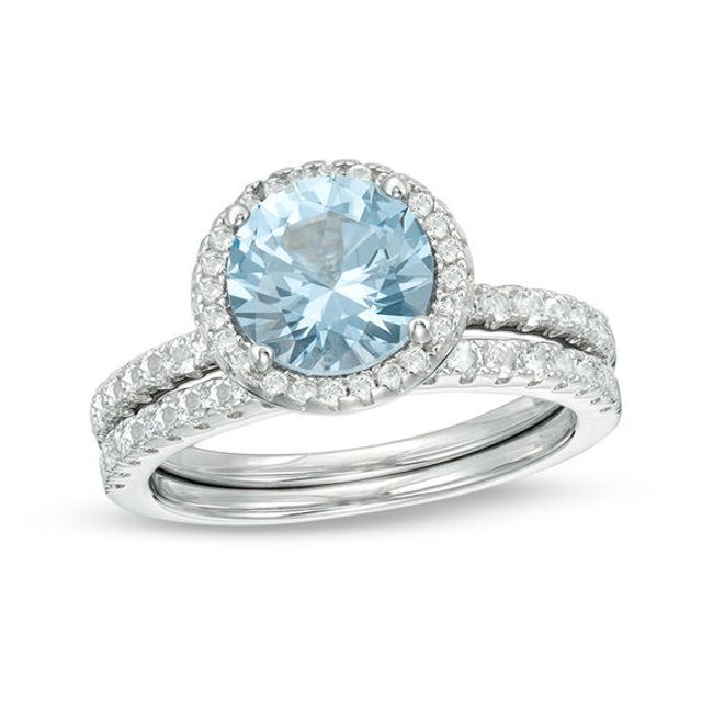 8.0mm Simulated Aquamarine and Lab-Created White Topaz Frame Bridal Set in Sterling Silver