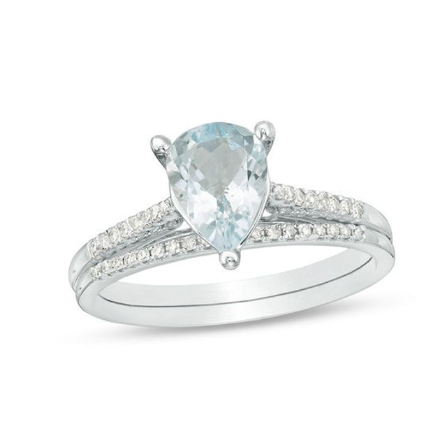 Pear-Shaped Aquamarine and 1/8 CT. T.w. Diamond Bridal Set in 10K White Gold