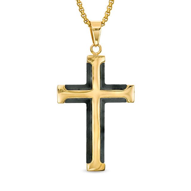 Men's Carbon Fiber Cross Pendant in Stainless Steel with Yellow IP - 24"