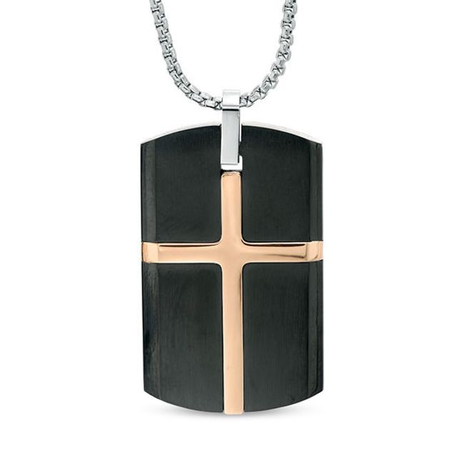Men's Cross Dog Tag Pendant in Two-Tone Stainless Steel - 24"