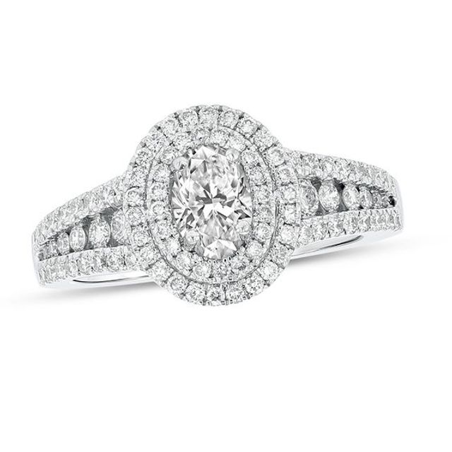 1 CT. T.w. Oval Diamond Double Frame Engagement Ring in Platinum (H/Si2)