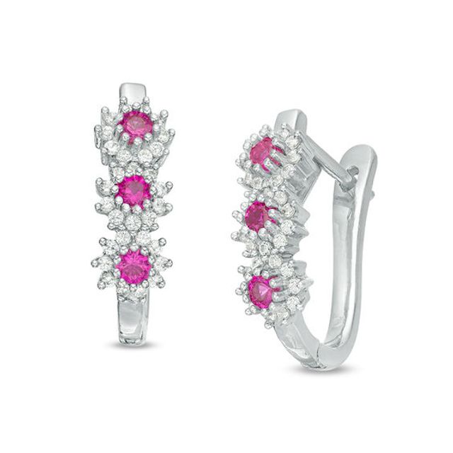 Lab-Created Ruby and 1/5 CT. T.w. Diamond Three Stone Sunburst Hoop Earrings in 10K White Gold