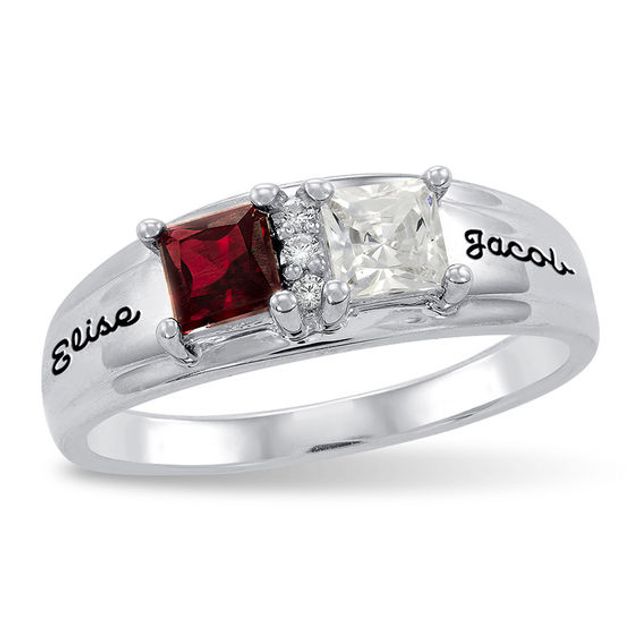 Couple's Princess-Cut Birthstone Ring by ArtCarved (2 Stones and Names)