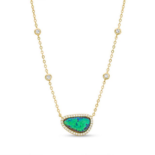 Abstract Pear-Shaped Lab-Created Blue Opal and White Sapphire Frame Necklace in Sterling Silver with 18K Gold Plate