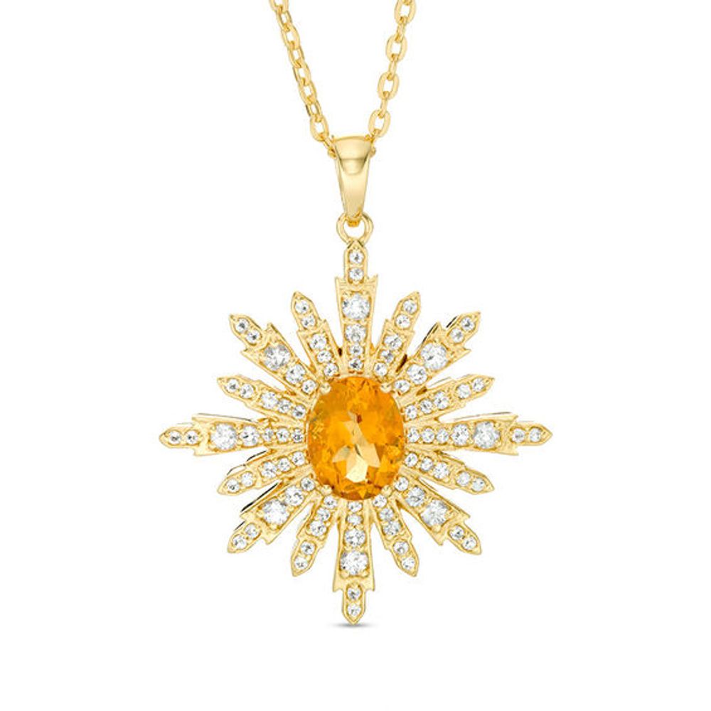 Oval Citrine and White Topaz Sun Pendant in Sterling Silver with 14K Gold Plate