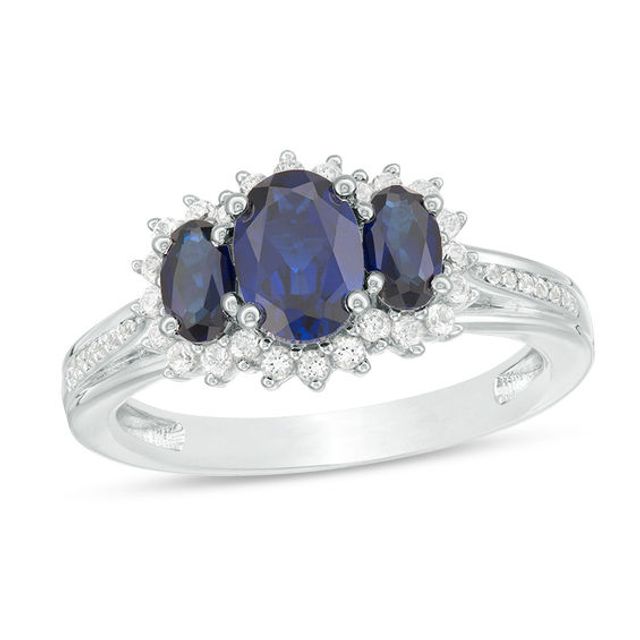 Oval Lab-Created Blue and White Sapphire Frame Triple Row Split Shank Ring in Sterling Silver