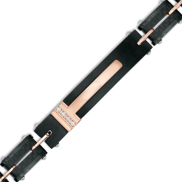 Men's 1/20 CT. T.w. Diamond Carbon fiber Link ID Bracelet in Stainless Steel and Black and Rose IP - 8.25"