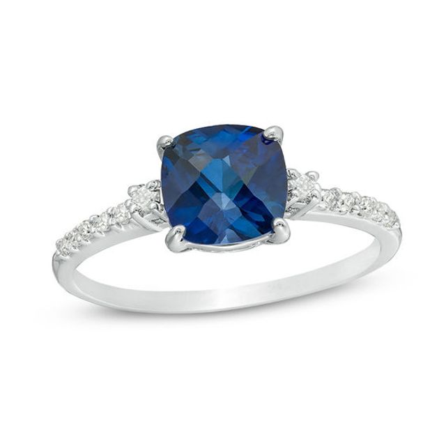 7.0mm Cushion-Cut Lab-Created Blue Sapphire and 1/8 CT. T.w. Diamond Engagement Ring in 10K White Gold