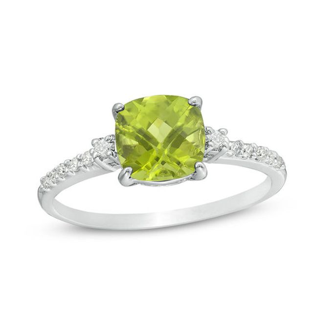 7.0mm Cushion-Cut Peridot and 1/8 CT. T.w. Diamond Engagement Ring in 10K White Gold