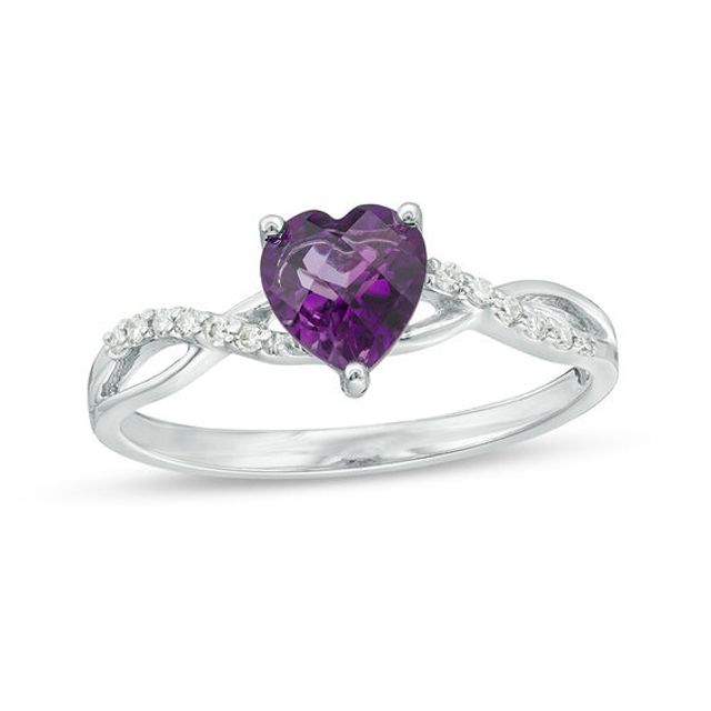 6.0mm Heart-Shaped Amethyst and 1/20 CT. T.w. Diamond Twist Shank Ring in 10K White Gold