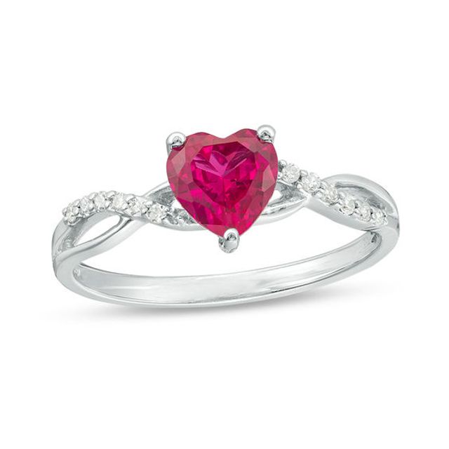 6.0mm Heart-Shaped Lab-Created Ruby and 1/20 CT. T.w. Diamond Twist Shank Ring in 10K White Gold