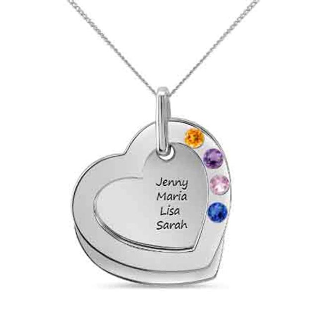 Mother's Birthstone Double Heart Disc Pendant in Sterling Silver (3-5 Stones and Names)
