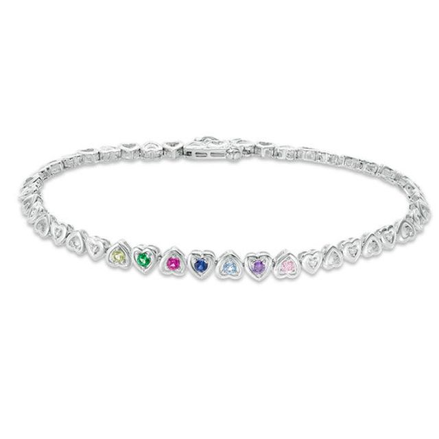 Mother's Birthstone and Diamond Accent Alternating Hearts Link Bracelet (2-10 Stones) - 7.25"