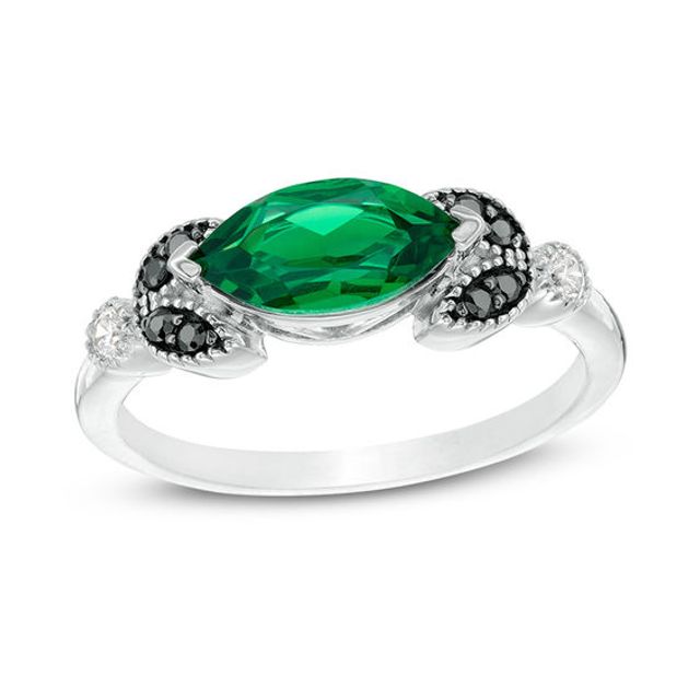 Sideways Marquise Lab-Created Emerald and 1/10 CT. T.w. Enhanced Black and White Diamond Leaves Ring in 10K White Gold