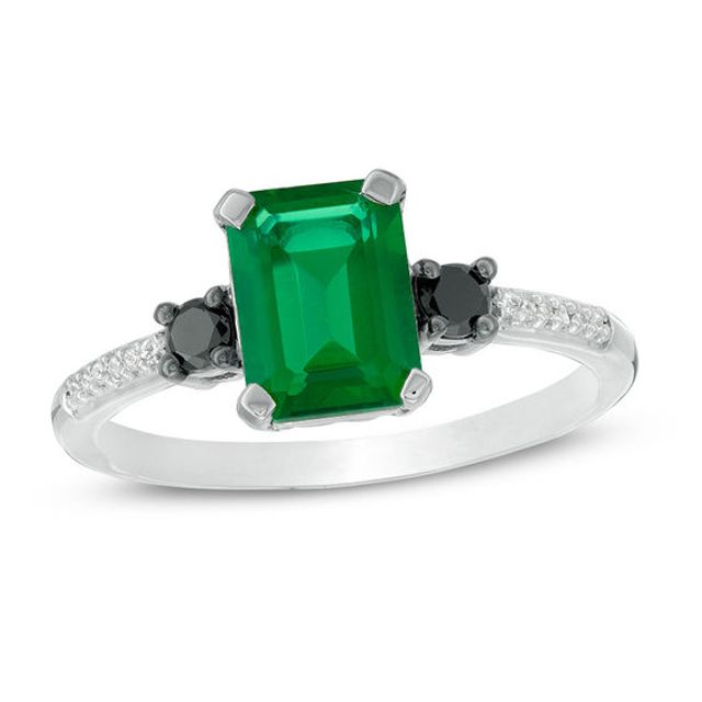 Emerald-Cut Lab-Created Emerald and 1/8 CT. T.w. Enhanced Black and White Diamond Ring in 10K White Gold