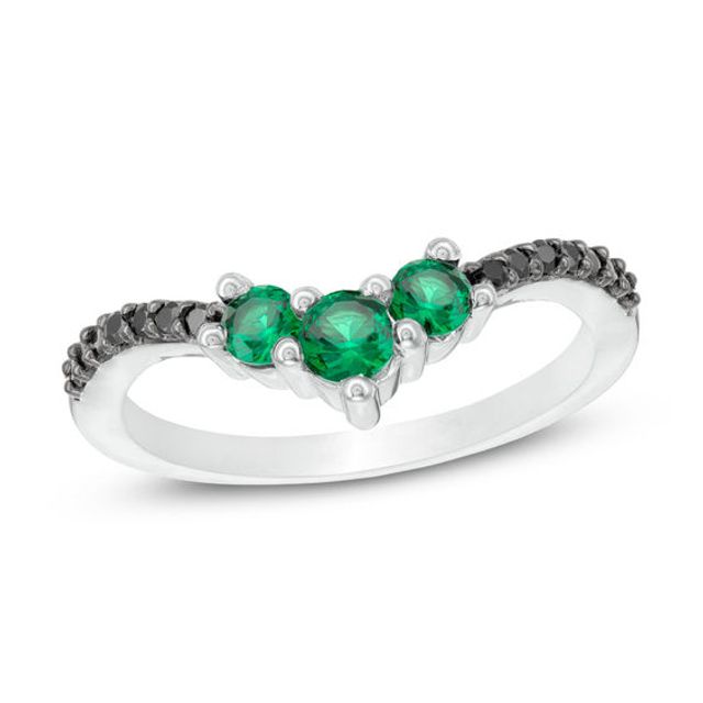 Lab-Created Emerald and 1/20 CT. T.w. Black Diamond Chevron Ring in Sterling Silver