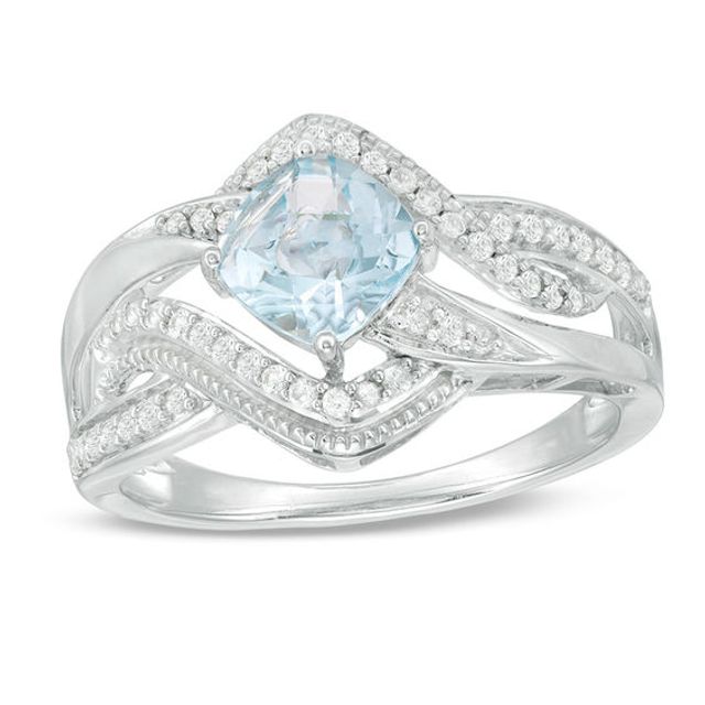 6.0mm Cushion-Cut Sky Blue Topaz and Lab-Created White Sapphire Bypass Ring in Sterling Silver