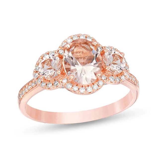 Oval Morganite and 1/5 CT. T.w. Diamond Frame Three Stone Engagement Ring in 14K Rose Gold