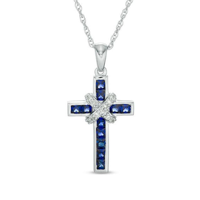 Princess-Cut Lab-Created Ceylon Sapphire and 1/15 CT. T.w. Diamond "X" Cross Pendant in Sterling Silver