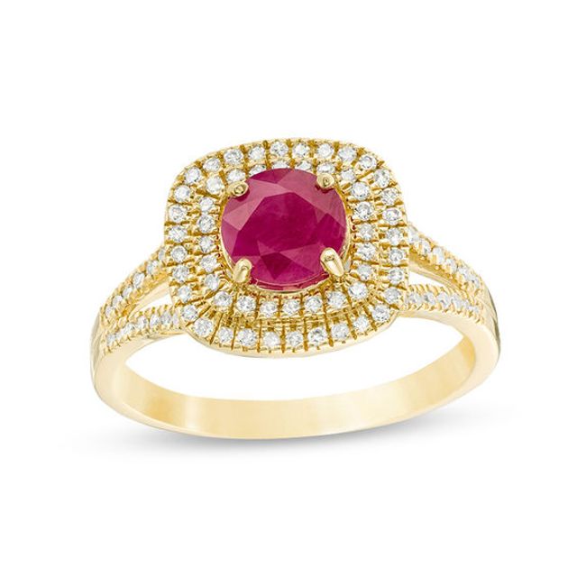 6.0mm Ruby and 1/3 CT. T.w. Diamond Double Cushion Frame Split Shank Engagement Ring in 14K Gold