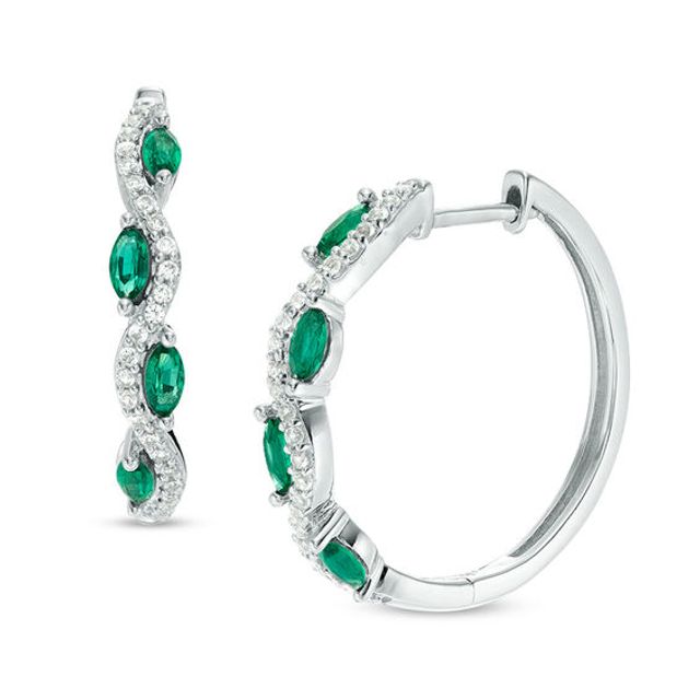 Marquise Lab-Created Emerald and White Sapphire Wavy Hoop Earrings in Sterling Silver