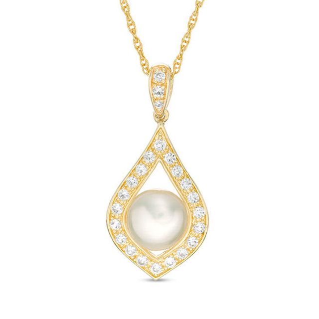 8.0mm Button Freshwater Cultured Pearl and Lab-Created White Sapphire Pendant in Sterling Silver with 14K Gold Plate