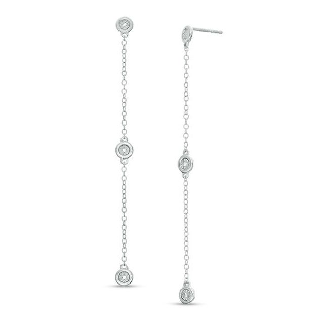 Diamond Accent Three Stone Station and Chain Drop Earrings in Sterling Silver