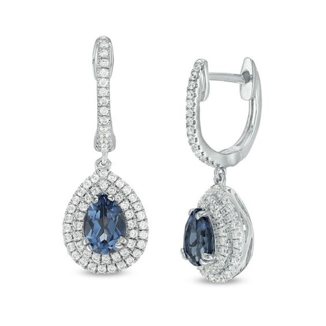 Pear-Shaped London Blue Topaz and Lab-Created White Sapphire Double Frame Drop Earrings in Sterling Silver